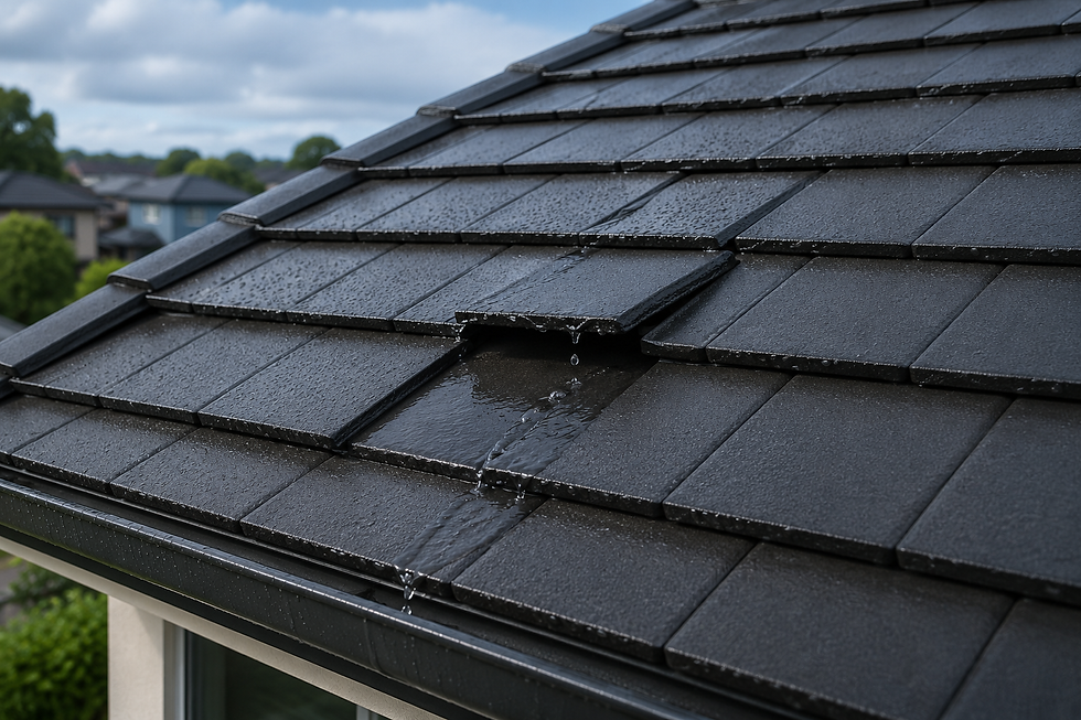 Water entering beneath a lifted roof tile and causing a roof leak