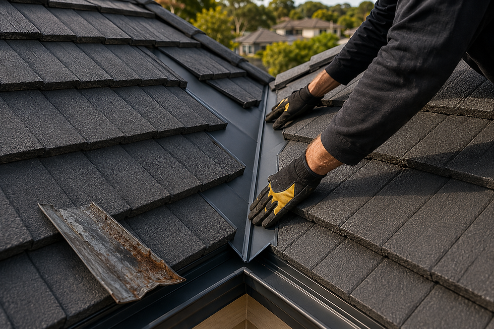 Repair work being completed on a damaged roof valley and flashing between tiled roof sections