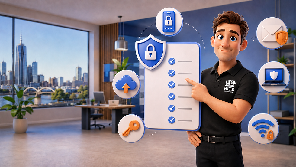 BITS Melbourne IT specialist illustrating a small business cybersecurity checklist with email, device, password, backup and network protection.