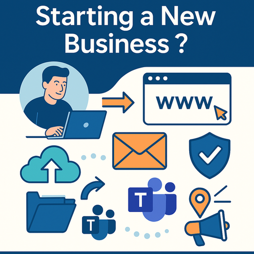 Flat design illustration showing a person using a laptop with icons for domain setup, email, cloud storage, Teams, cybersecurity, and marketing — representing BITS Melbourne’s complete business IT setup services.