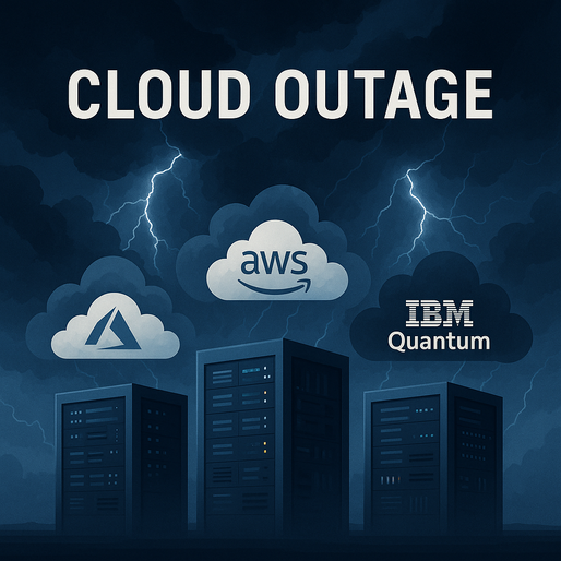Illustration showing storm clouds over data servers with AWS, Azure, and IBM Quantum logos, symbolising global cloud outages in October 2025 and the importance of cybersecurity resilience.