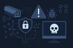 Modern CCTV security camera surrounded by digital cyber-security warning graphics, representing the risks of poorly configured business security systems and IoT vulnerabilities.