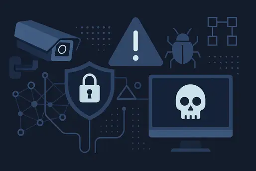 Modern CCTV security camera surrounded by digital cyber-security warning graphics, representing the risks of poorly configured business security systems and IoT vulnerabilities.