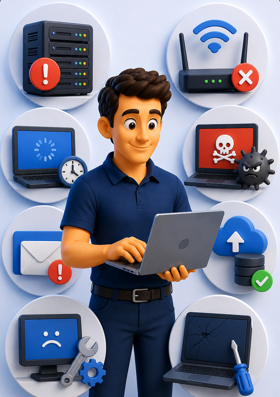 3D cartoon illustration showing common business IT problems including slow computers, WiFi issues, cybersecurity threats, backups, and managed IT support solutions in Laverton Melbourne