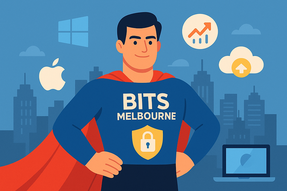 Alegria-style illustration of the BITS Melbourne Hero standing confidently in front of a city skyline, holding a shield and laptop to represent cybersecurity, high-speed internet, and IT support for Melbourne businesses.