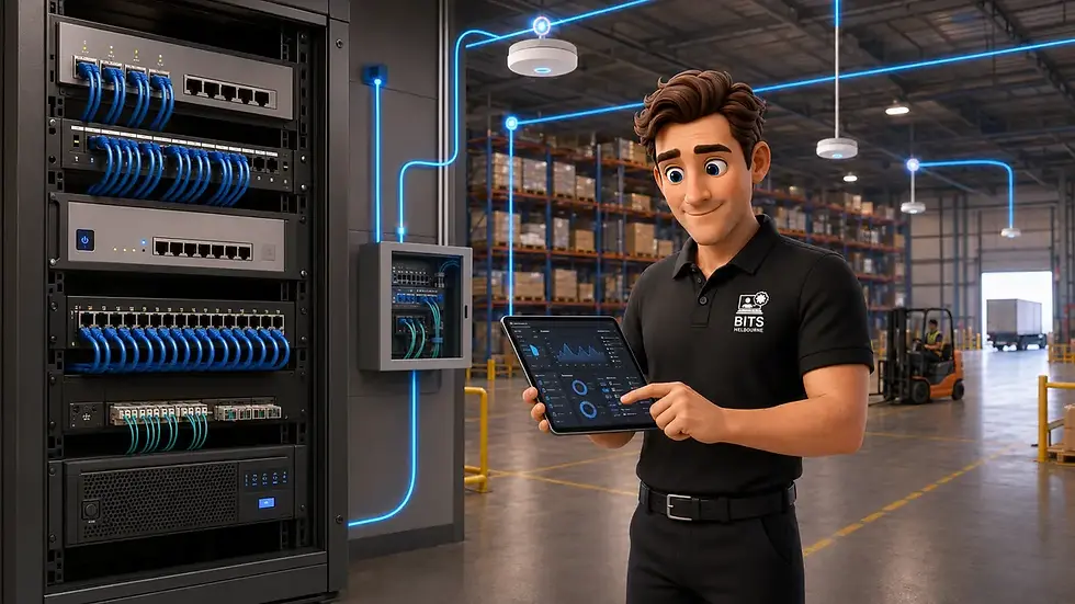 BITS Melbourne technician reviewing warehouse Wi-Fi infrastructure including a PoE switch, firewall, fibre connection and access points.