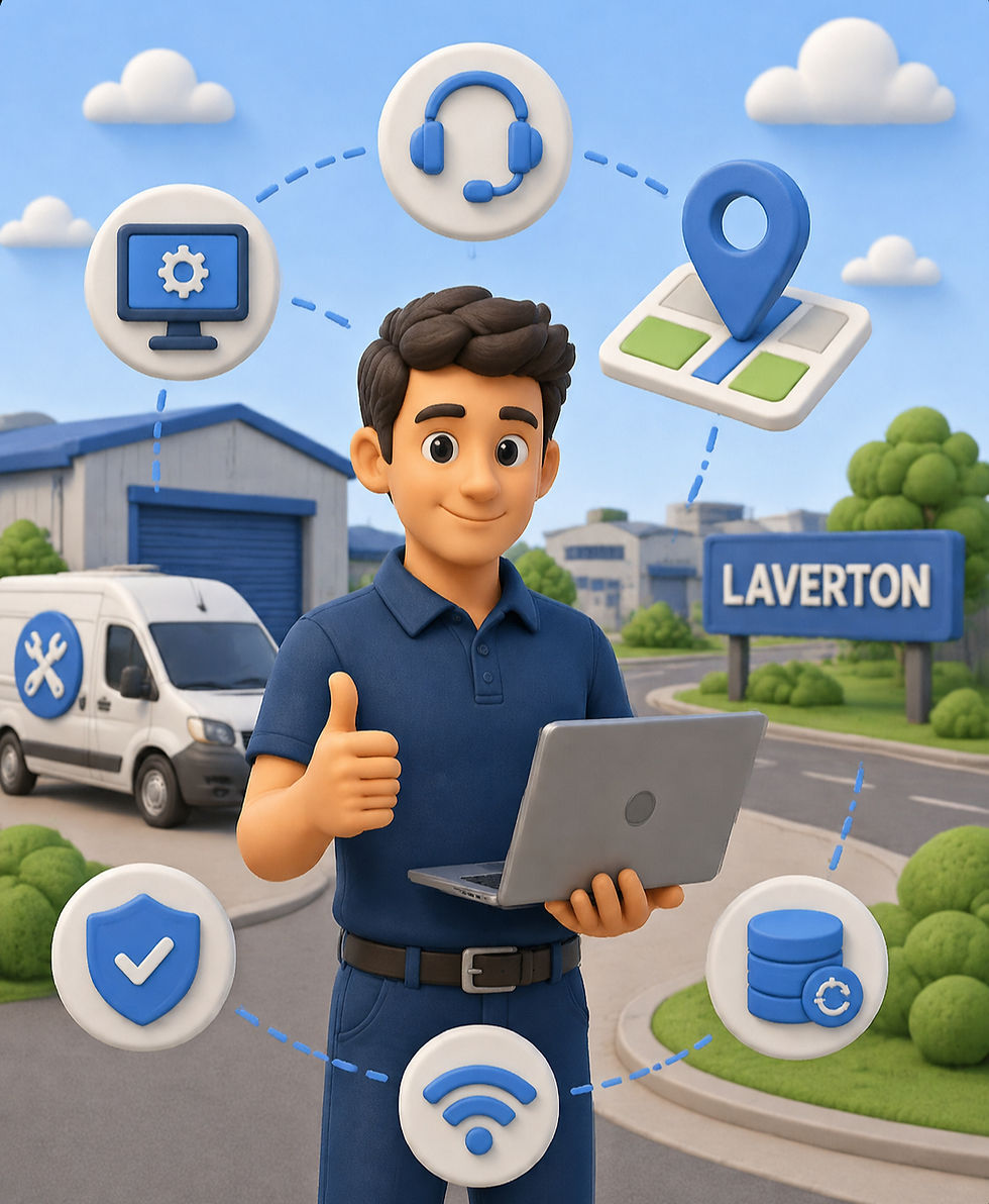 3D claymorphism cartoon illustration showing local IT support services in Laverton Melbourne including business IT support, cybersecurity, networking, and managed IT services