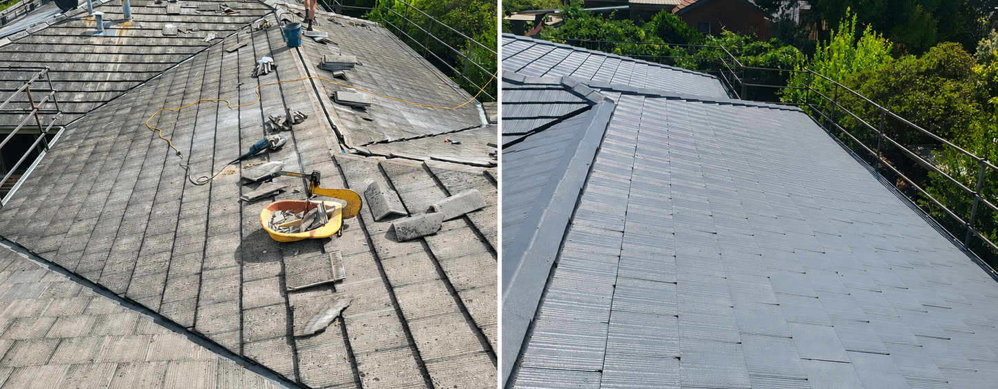 Before and after comparison of tiled roof repairs and restoration completed on a Melbourne home