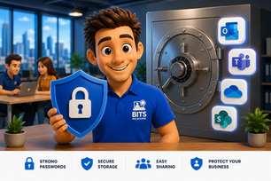 BITS Melbourne technician standing next to a secure password vault with Microsoft 365 icons, showing how a password manager protects buisiness accounts.