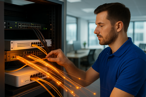 BITS Melbourne technician in a blue polo installing high-speed fibre internet with glowing data cables, representing fast and reliable business internet services in Melbourne.