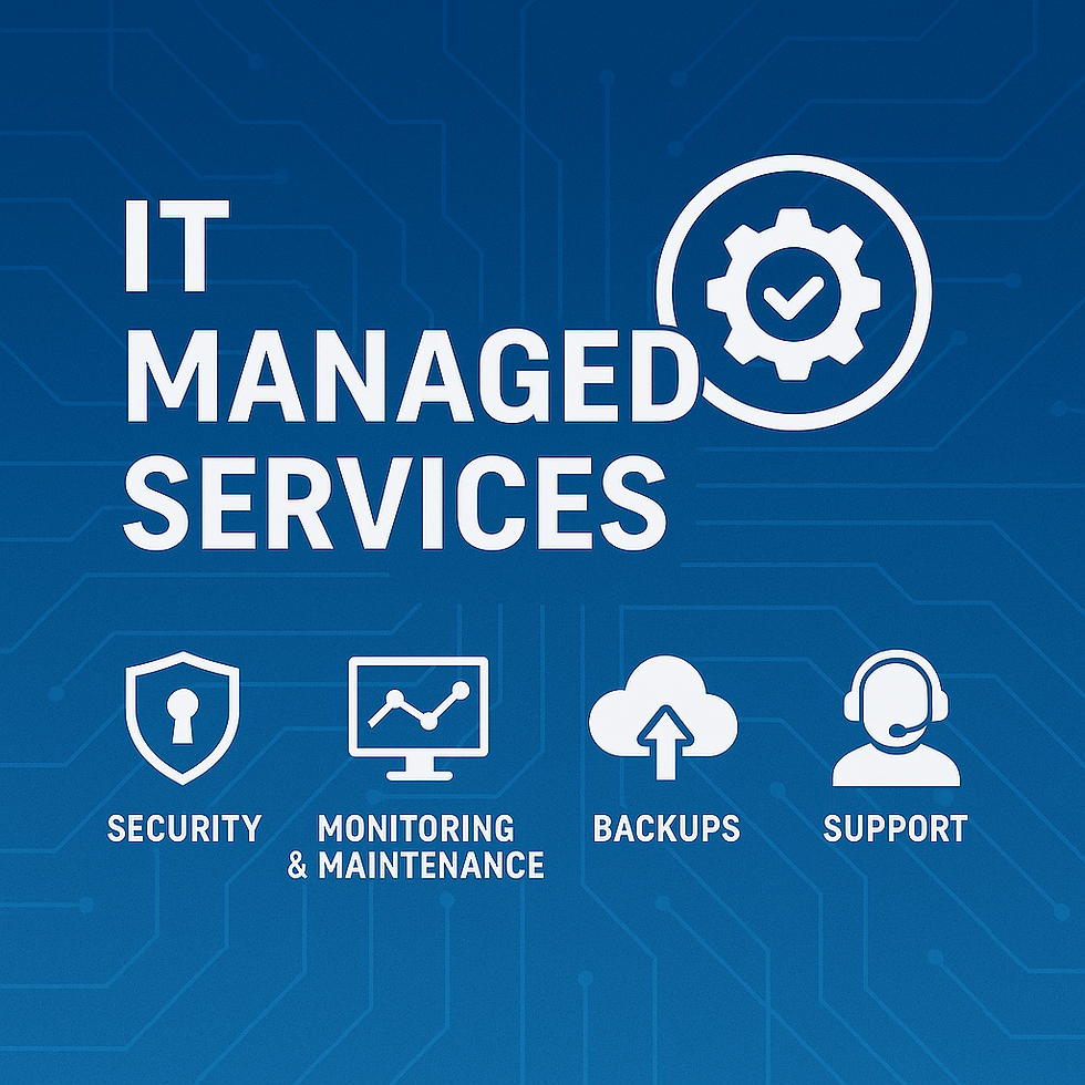 Blue digital graphic featuring icons for security, monitoring, backups, and support with the text “IT Managed Services,” representing BITS Melbourne’s professional IT management solutions for businesses.