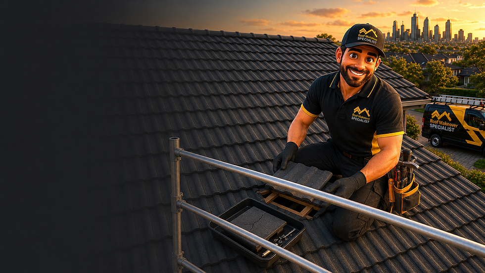 Roof Makeover Specialist roofer replacing a damaged concrete roof tile behind professional safety rails in Melbourne