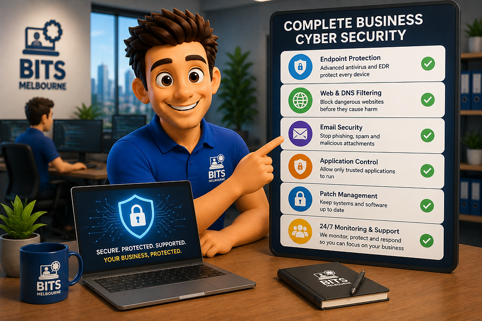 BITS Melbourne technician explaining layered business cyber security, including endpoint protection, DNS filtering, email security, application control, patch management and 24/7 monitoring.