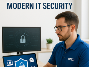 IT technician in a modern minimalist Melbourne office securing small business systems with cybersecurity tools and network protection.