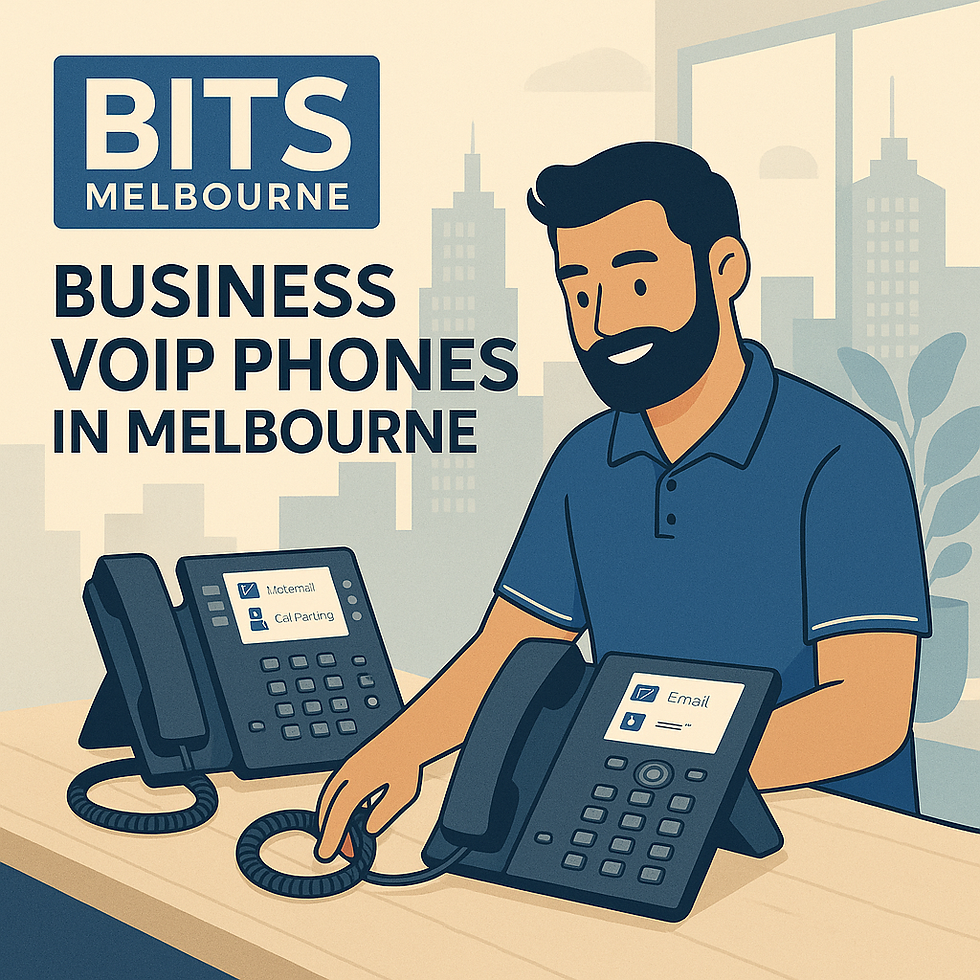 Alegria-style illustration of the BITS Melbourne Hero setting up Business VOIP Phones in Melbourne. The office scene highlights features like call parking, voicemail-to-email, and out-of-hours call routing. Melbourne skyline in the background reinforces local Business IT Support in Melbourne.