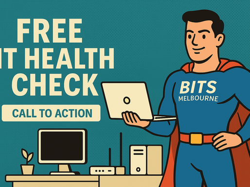 A flat-style digital illustration featuring the BITS Melbourne superhero performing a tech health check for a Melbourne business, with computers and network gear around him.