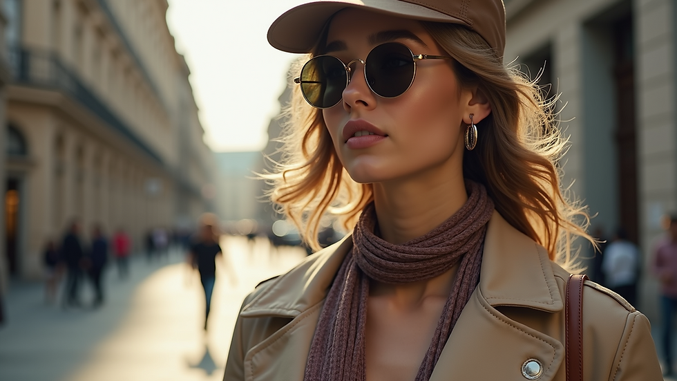 Close-up view of a stylish outfit with layered clothing and accessories