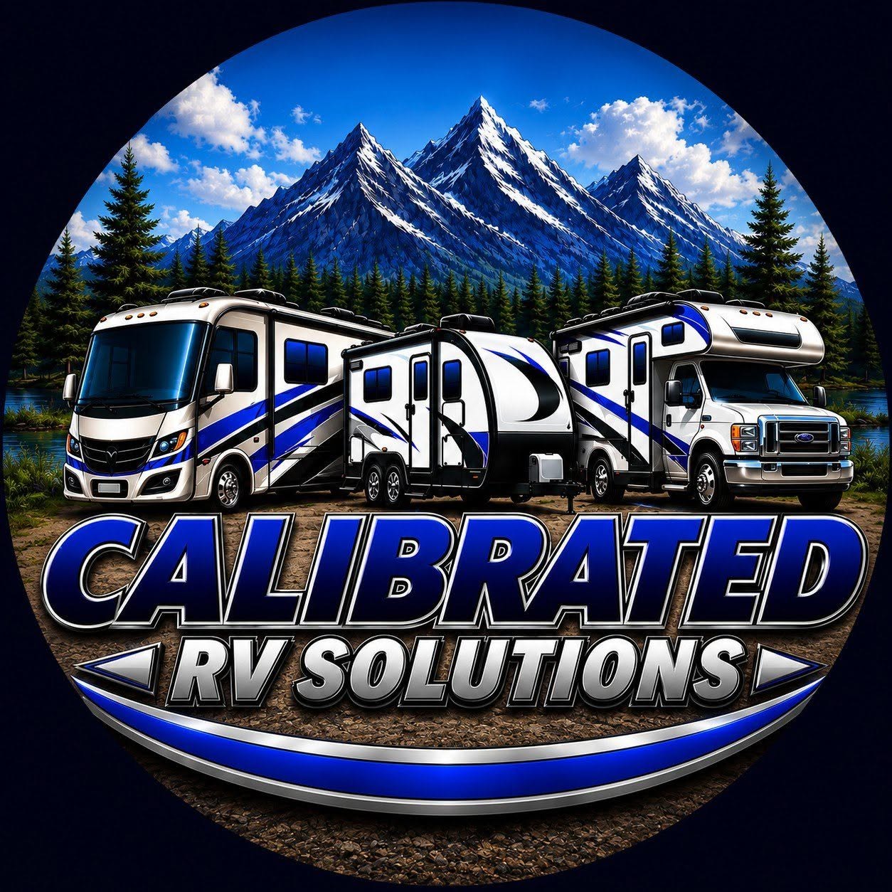 Calibrated RV Solutions logo featuring motorhomes and a travel trailer