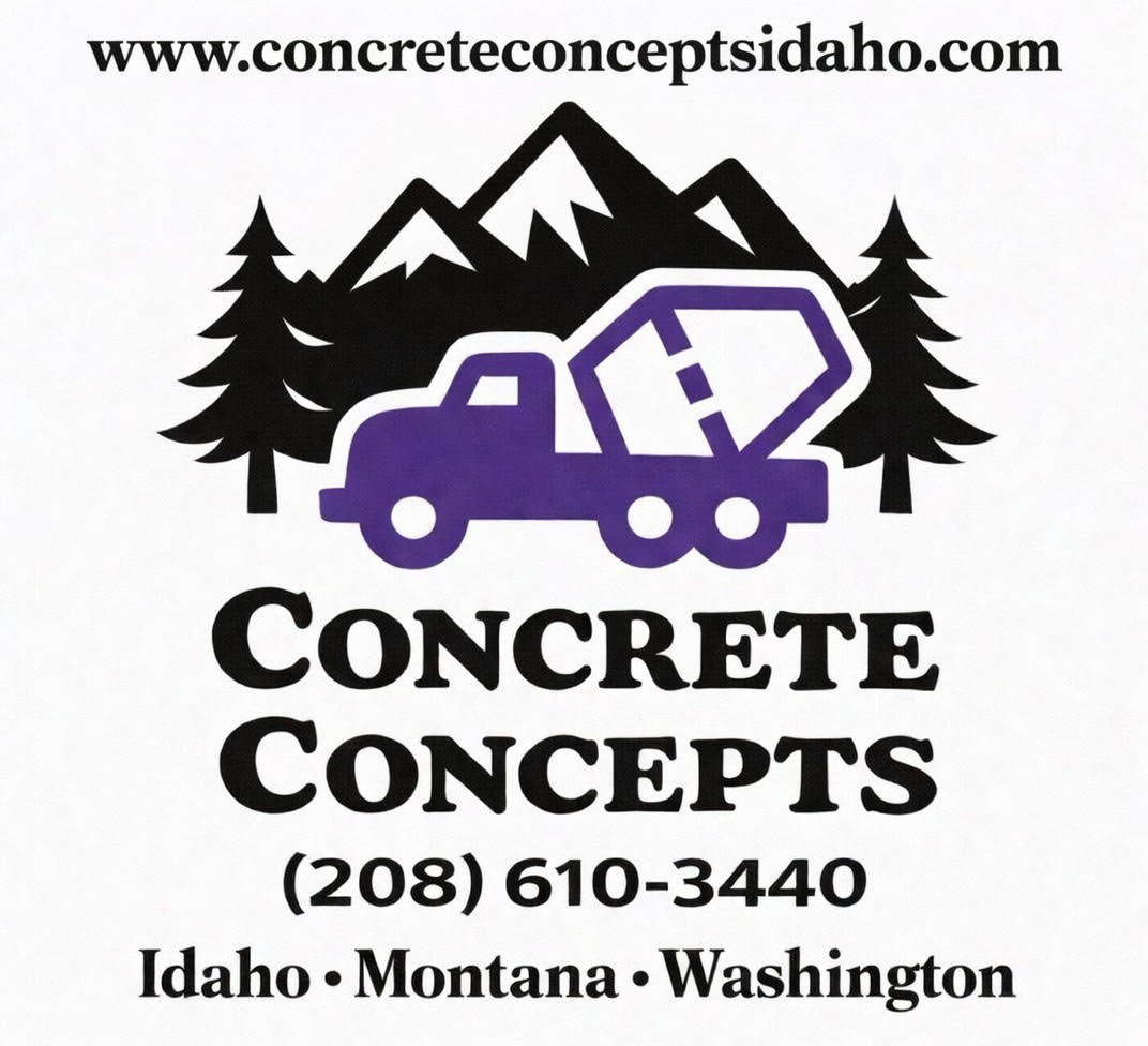 Concrete Concepts LLC logo with purple concrete mixer truck and North Idaho mountains