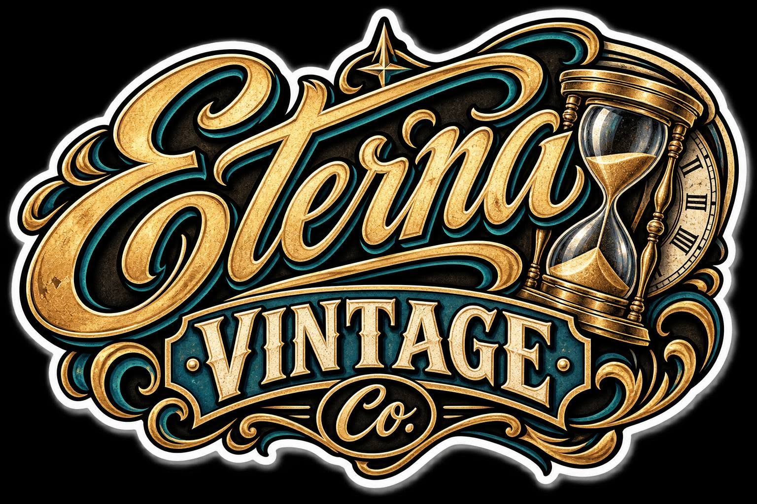 Eterna Vintage Co. LLC gold and teal logo with hourglass