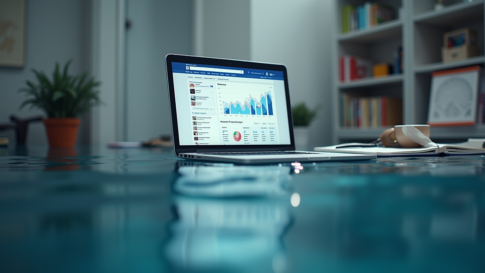 Vue en plongée d’un bureau avec un ordinateur affichant des statistiques de campagne Facebook