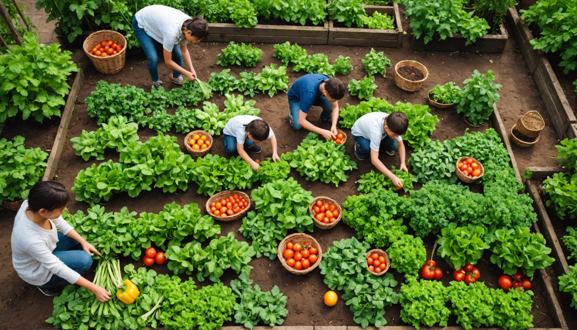 Children planting in a large garden.
