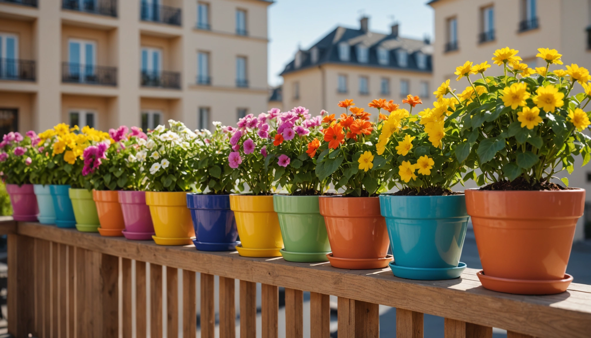 Potted flowers lined up in a row on a porch banister.