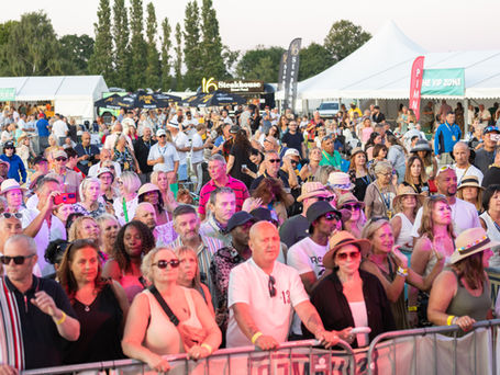 A large crowd of varying ages dancing on the outdoor grounds of Venue16 at the Summer Soul Vibes Festival, with a bar and VIP marque in the background.