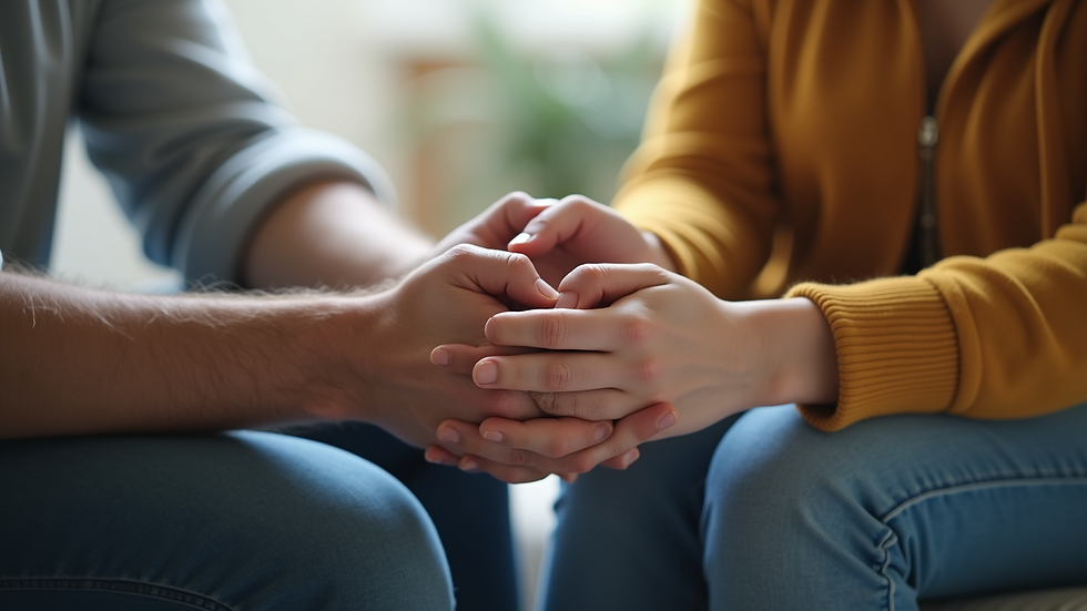 Close-up view of a couple holding hands during an online therapy session
