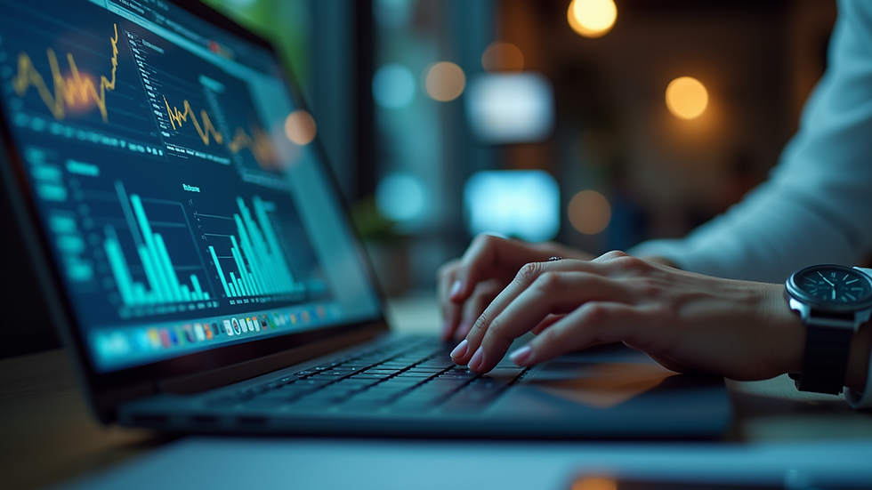 Eye-level view of a person analyzing data on a laptop