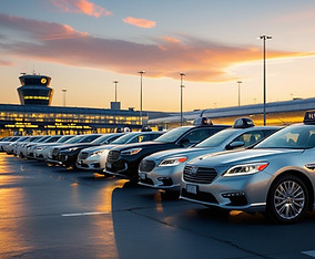 Taxi cabs parked at airport terminal under sunset sky Bookgadi
