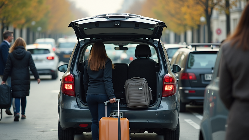 Wide angle view of a travel group loading luggage into a taxi