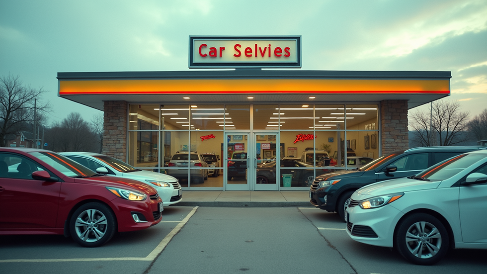 Eye-level view of a local car rental office with cars parked outside