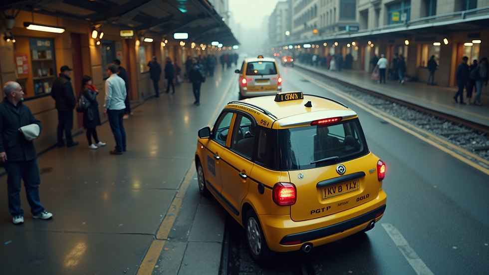 High angle view of a taxi waiting outside a busy railway station