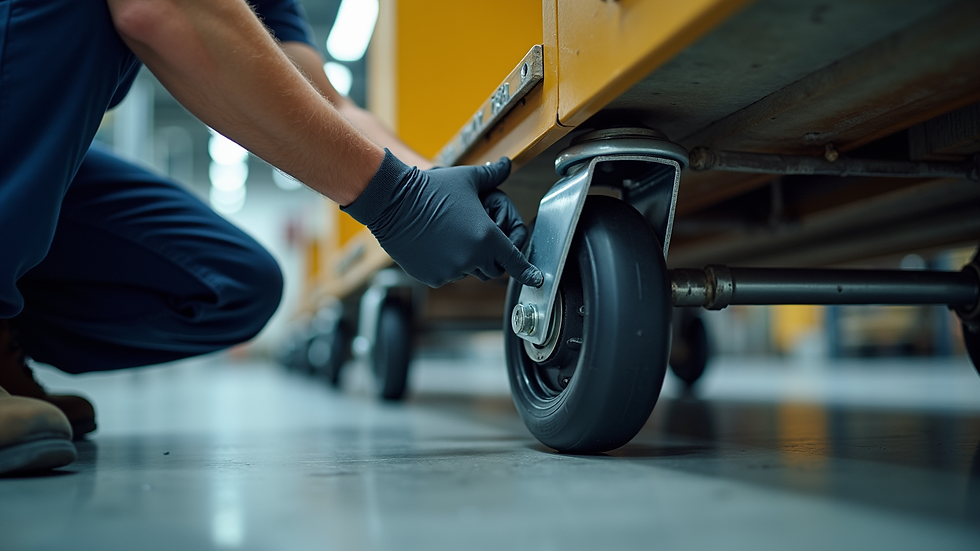 Eye-level view of a technician inspecting and lubricating swivel caster brakes on a cart