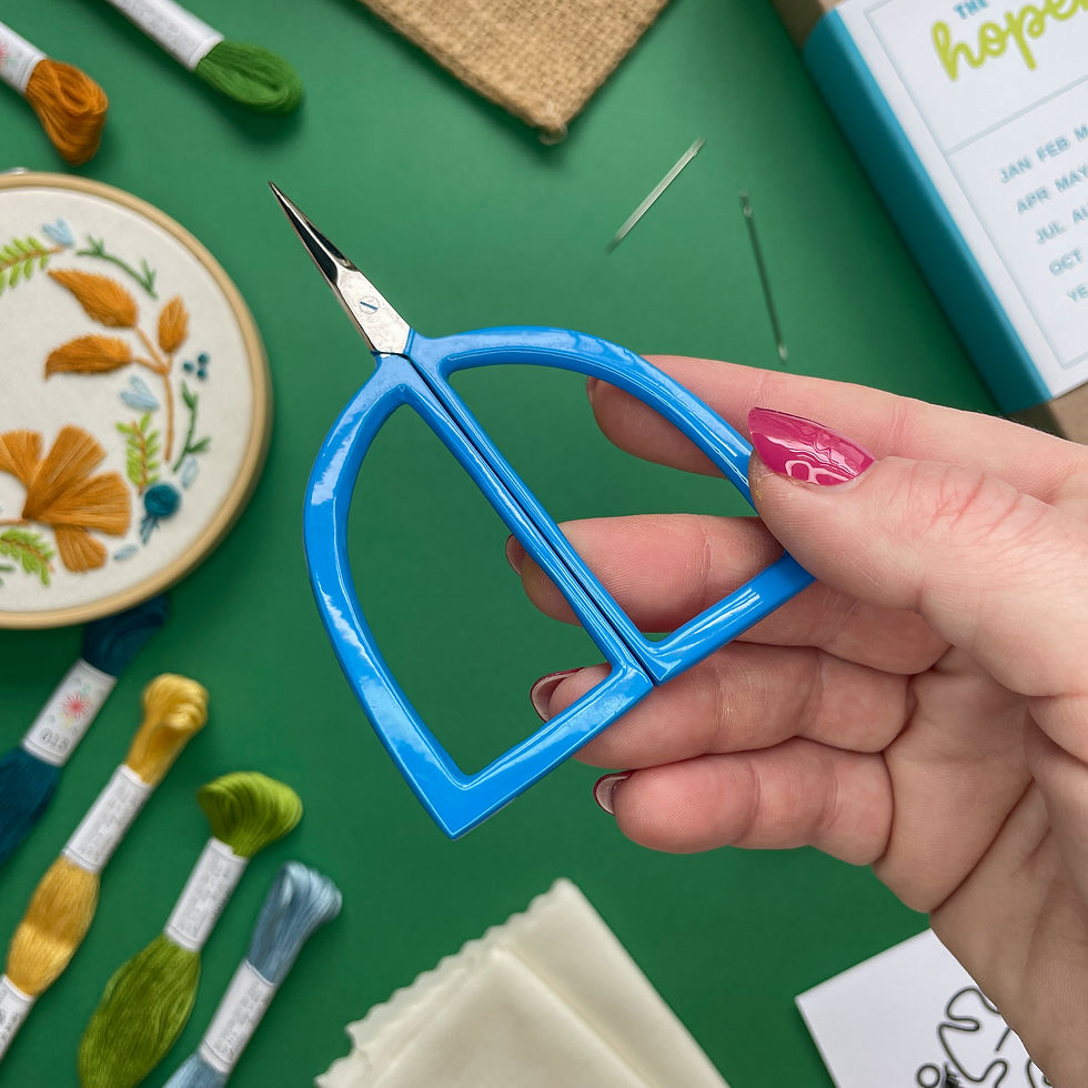 Thumbnail: Embroidery kit for a project featuring three early fall leaves stitched onto off white fabric; all on a green background.
