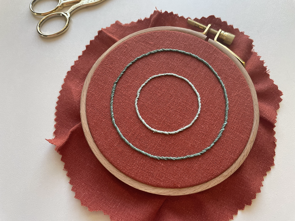 Photo of an embroidery hoop with two blue circles stitched onto dark orange fabric.