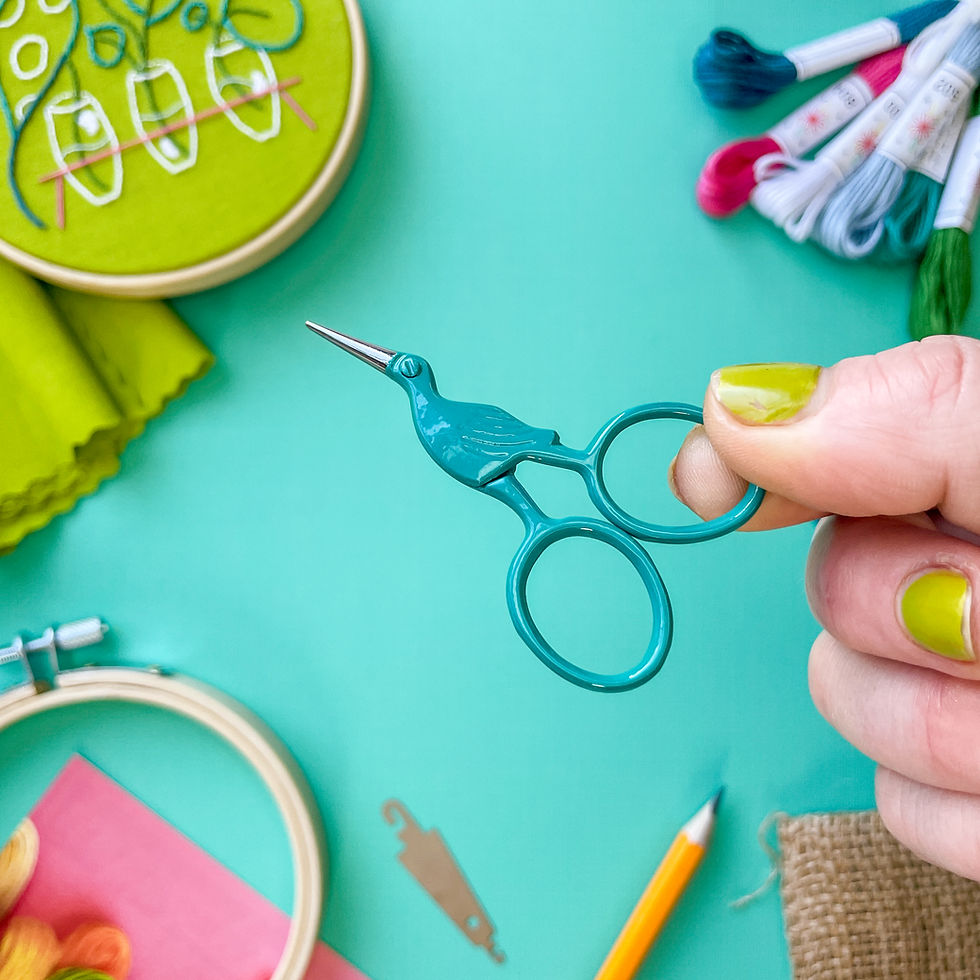 Thumbnail: Embroidery scissors shaped like storks in a green color, held over a blue surface with scattered embroidery kit supplies.
