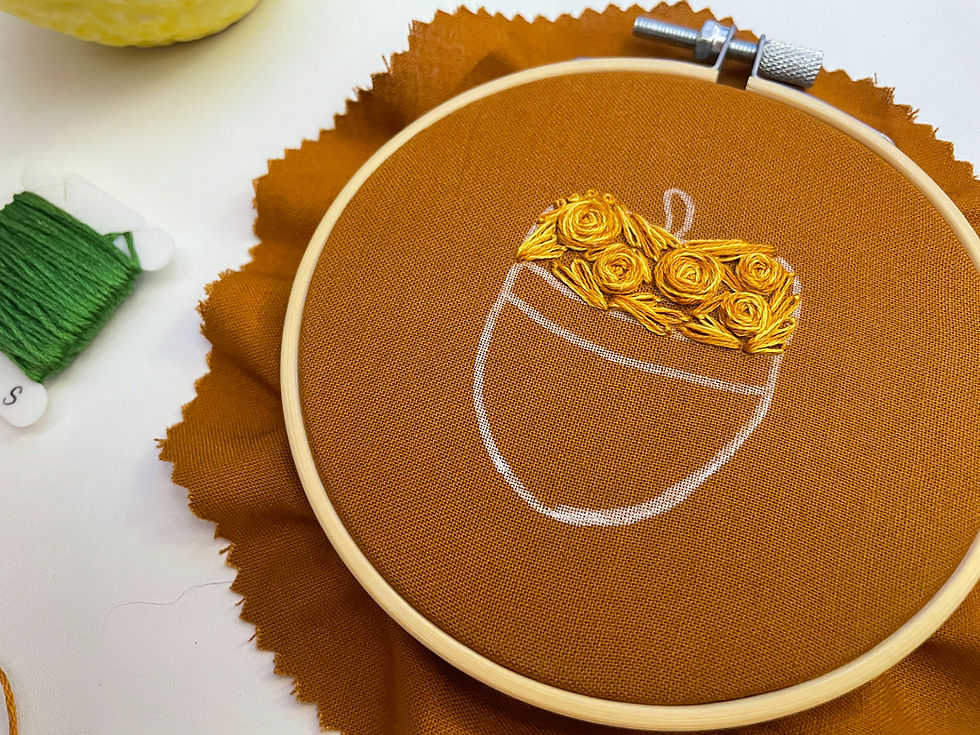 White drawing of an acorn on brown fabric within a hoop, partially stitched in using shades of yellow and brown.