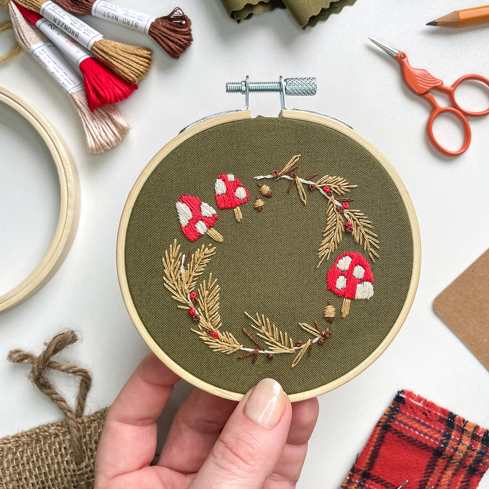 Embroidery project featuring red and white mushrooms surrounded by pine needles and acorns on moss green fabric.