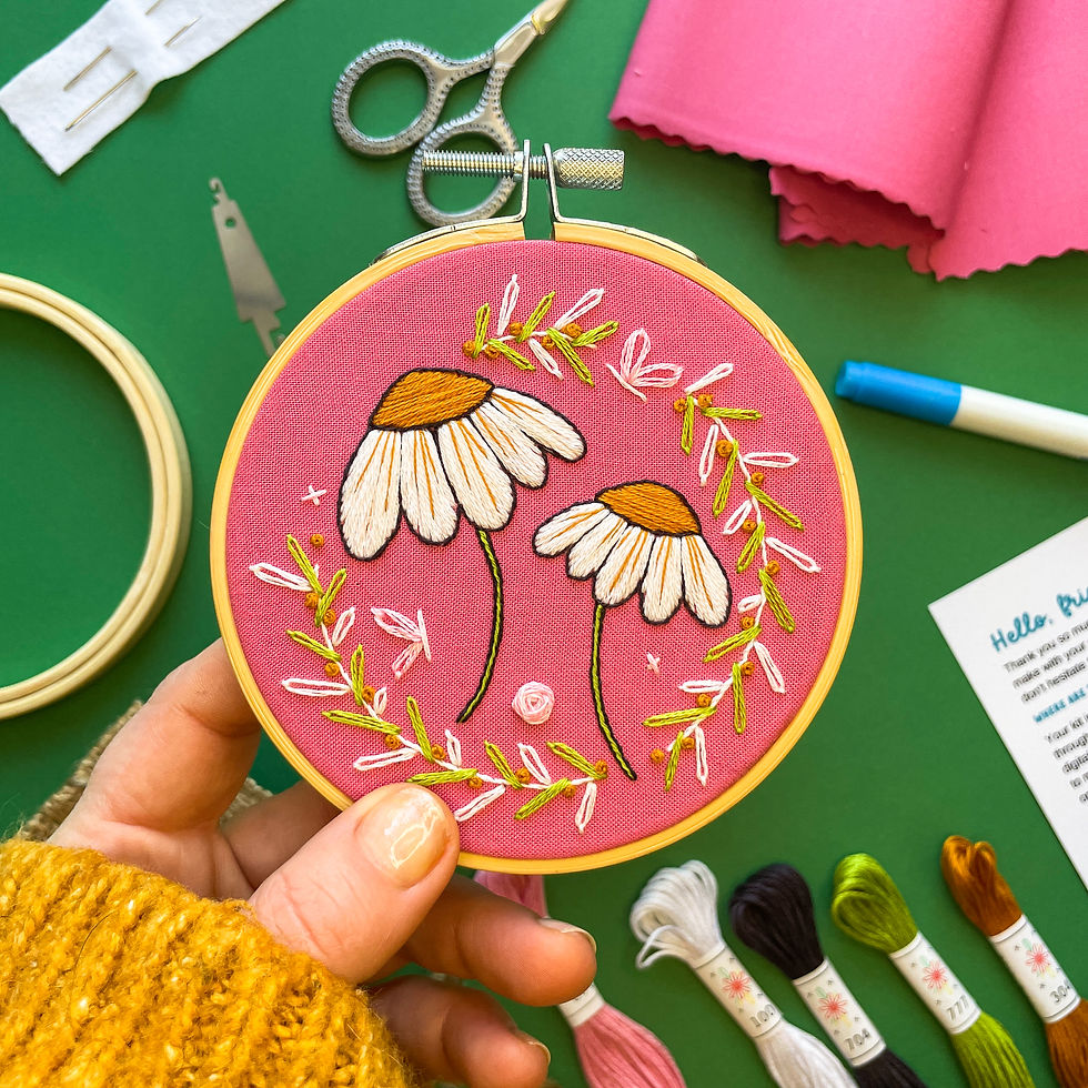Thumbnail: Embroidery kit supplies for recreating a project with two daisies on pink fabric surrounded by vines, flowers, butterflies.