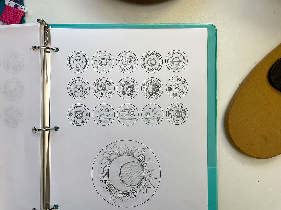 Opened up binder revealing a page of 15 small, quickly-sketched celestial-type designs in circles; underneath is a larger circle with a rough sketch that resembles the final project.