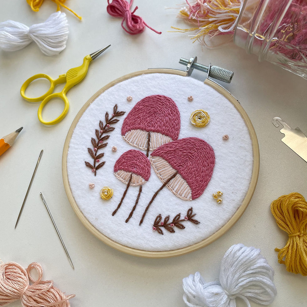Photo of an embroidery hoop with pink mushrooms stitched onto white fabric, surrounded by embroidery floss and small, yellow, stork-shaped scissors.