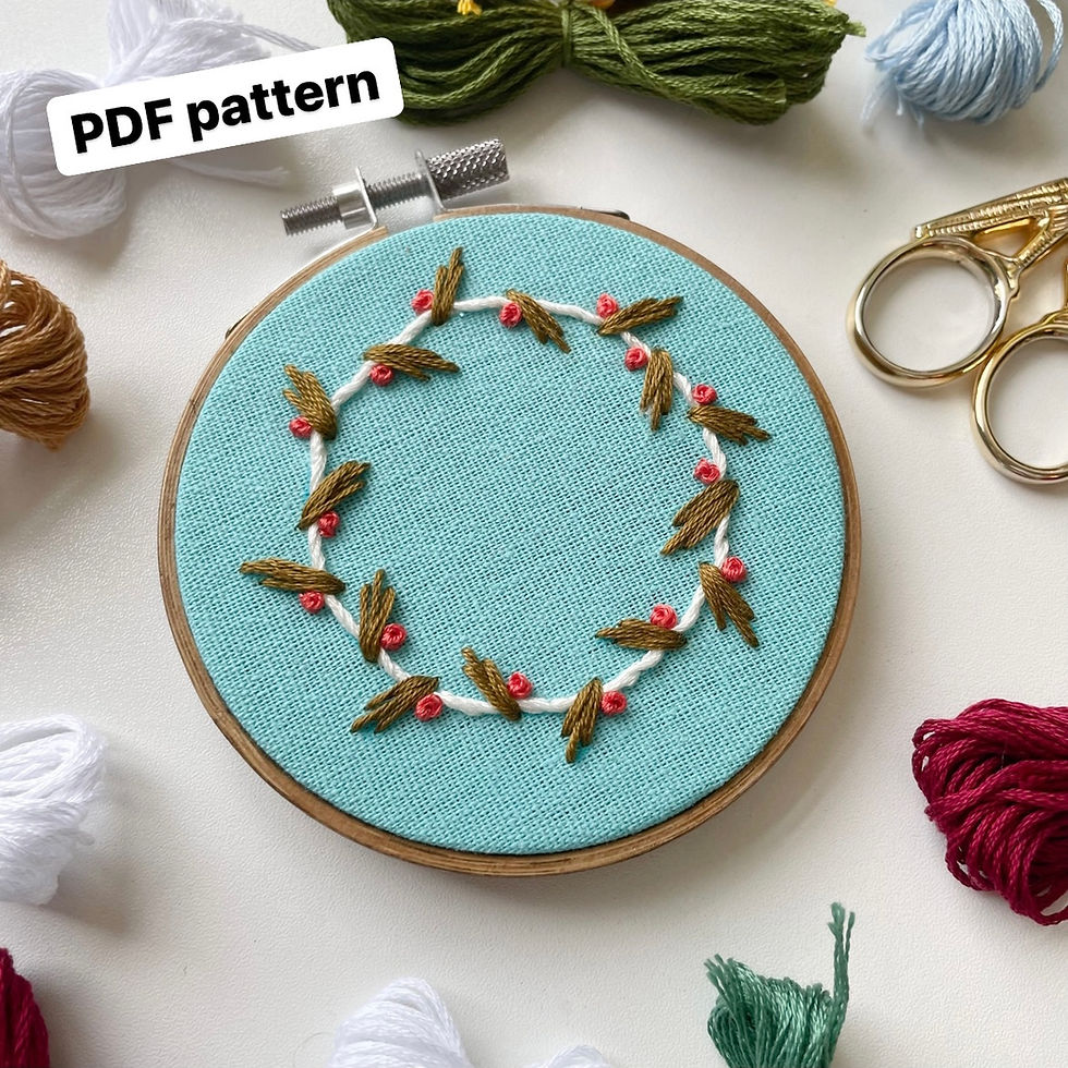 Photo of an embroidery hoop with a winter-inspired wreath in white, green, and pink, stitched onto light blue fabric.