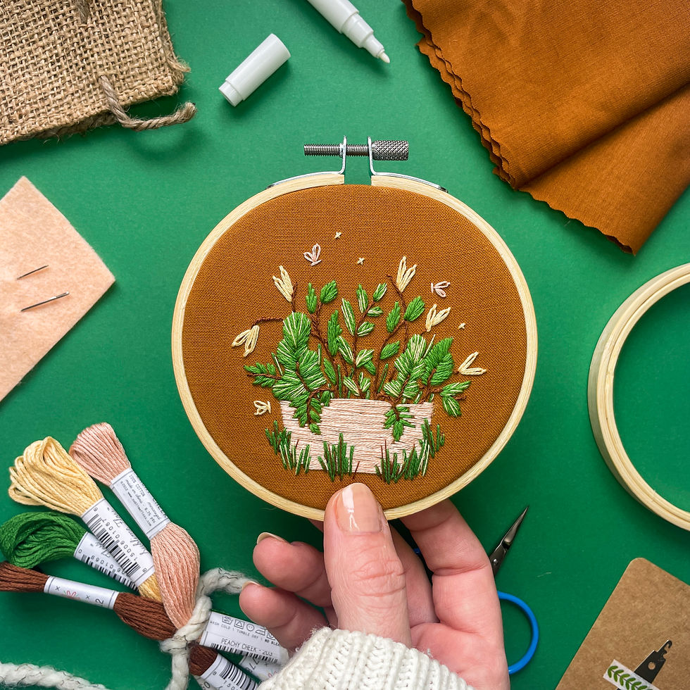 Embroidery project featuring layered leaves, weeds, and grass, in a pink pot and stitched on a dark cotton fabric.