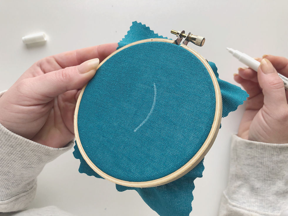 Hope holds up her blue hoop with one hand, and white pen with the other, revealing a very clear and curved line at the center of her hoop.