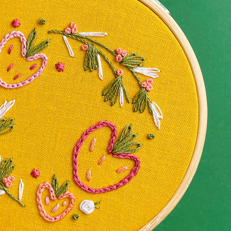 Thumbnail: Embroidery project with three strawberries surrounded by vines and flowers.
