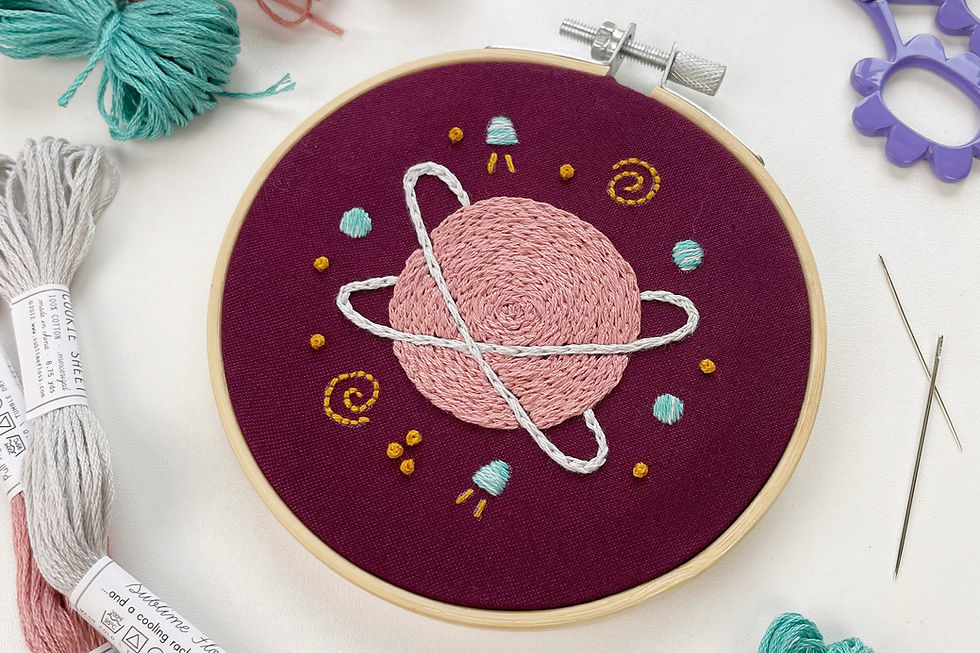 Photo of a mauve two-ringed planet hand embroidered on deep purple fabric.