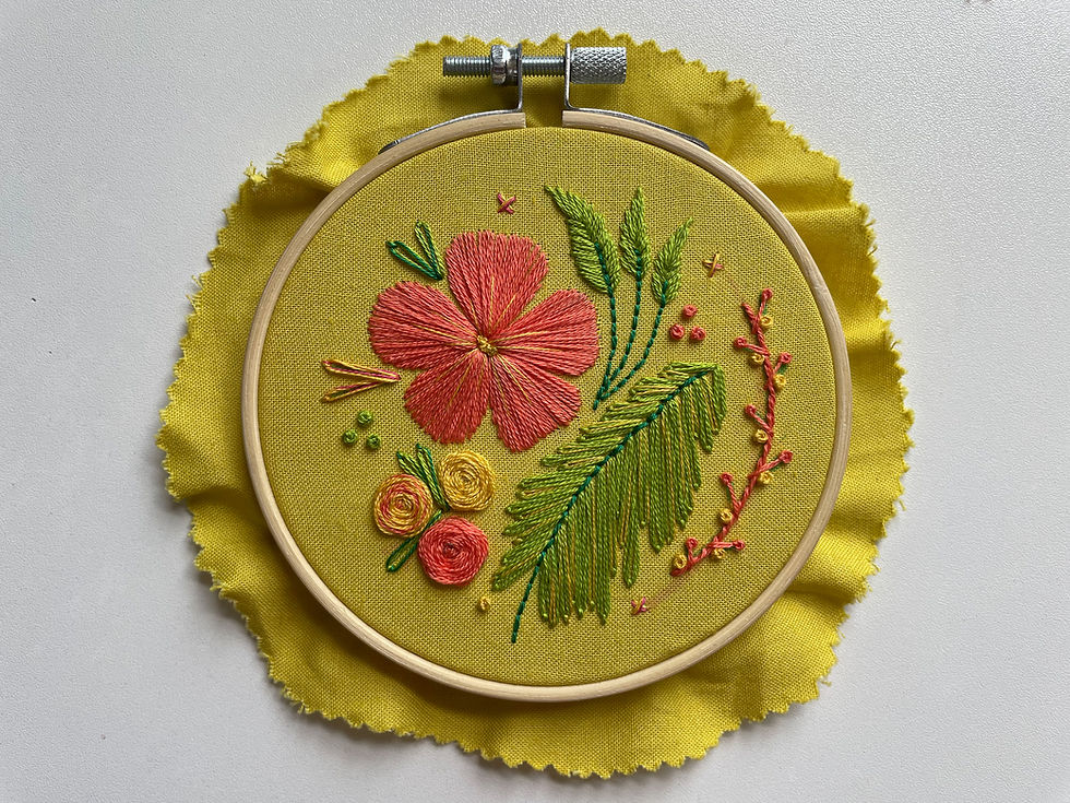 The project has been finalized with just a few yellow French knots, pink and yellow embellishments; a few stray transfer marks remain, and the hoop has not yet been backed.