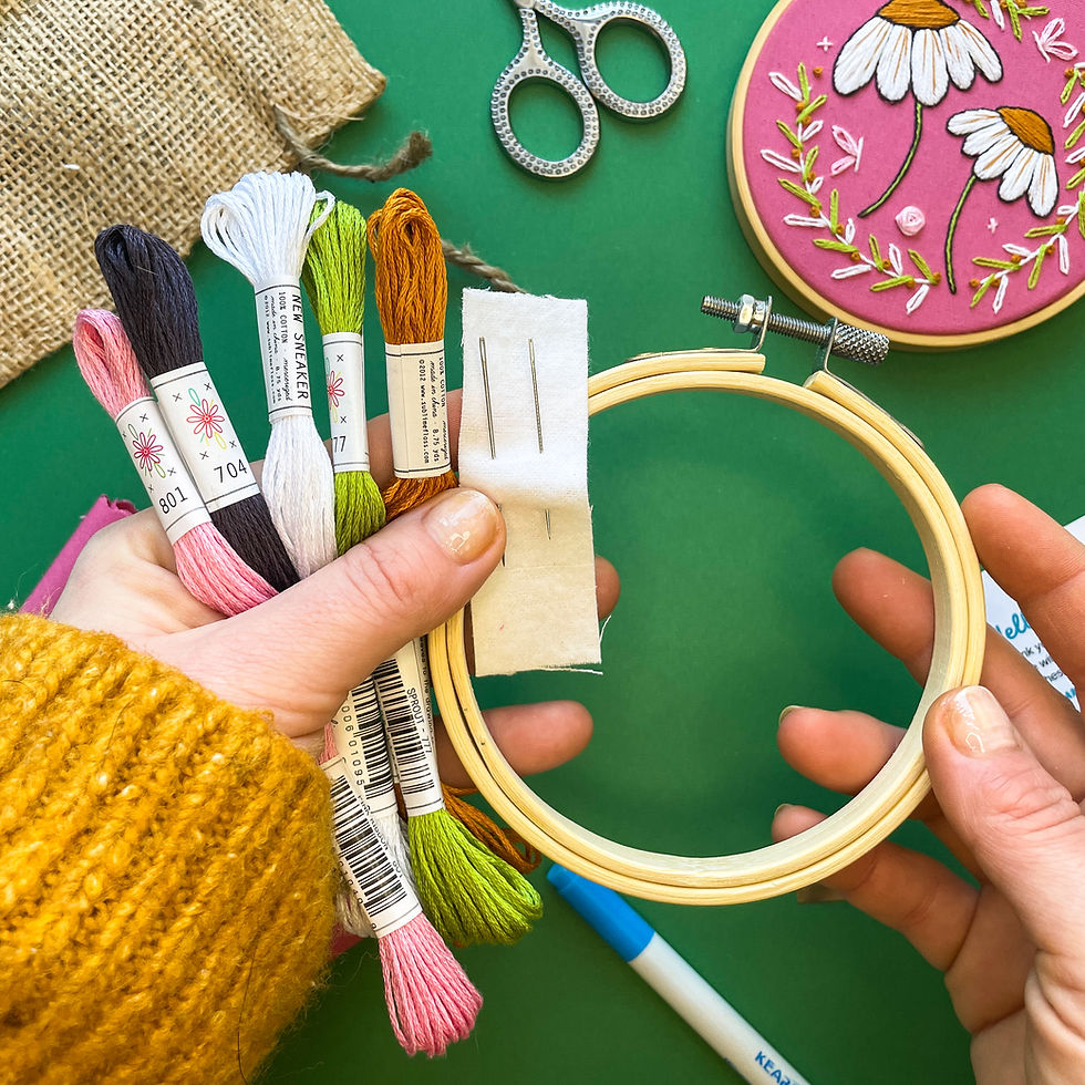 Thumbnail: Embroidery kit supplies for recreating a project with two daisies on pink fabric surrounded by vines, flowers, butterflies.